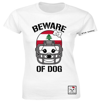 Mi Dog, mujer, cuidado con el perro, casco de fútbol americano, bandera libanesa, camiseta ajustada, blanco