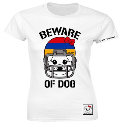 Mi Dog, mujer, cuidado con el perro, casco de fútbol americano, bandera de Armenia, camiseta ajustada, blanco