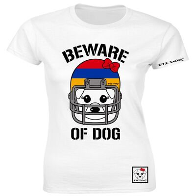 Mi Dog, Womens, Beware Of Dog American Football Helmet, Armenia Flag, Fitted T Shirt, White