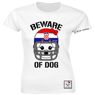 Mi Dog, mujer, cuidado con el perro, casco de fútbol americano, bandera de Croacia, camiseta ajustada, blanco