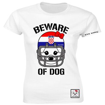 Mi Dog, Womens, Beware Of Dog Casque de football américain, Drapeau de la Croatie, T-shirt ajusté, Blanc 1