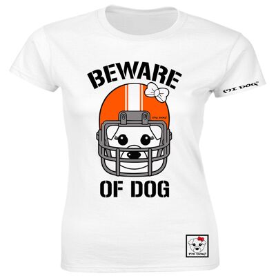 Mi Dog, mujer, Beware Of Dog casco de fútbol americano naranja, camiseta ajustada, blanco