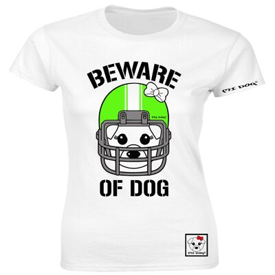 Mi Dog, Damen, Beware Of Dog American Football Helm Hellgrün, Tailliertes T-Shirt, Weiß