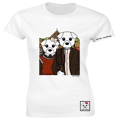 Mi Dog, Womens American Gothic Painting Inspired, Fitted T Shirt, White