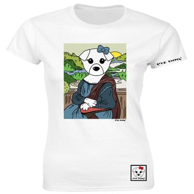 Mi Dog, Womens Mona Lisa, Leonardo Da Vinci Painting Inspired, T-shirt ajusté, Blanc