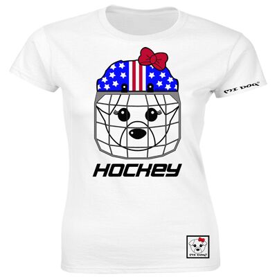 Mi Dog, mujer, casco inspirado en la bandera de los Estados Unidos de hockey sobre hielo, camiseta ajustada, blanco
