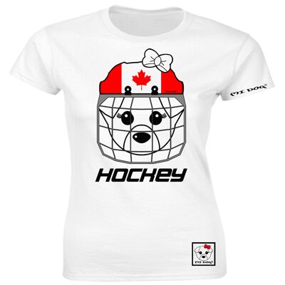 Mi Dog, Casque inspiré du drapeau de Hockey sur glace Canada pour femmes, T-shirt ajusté, Blanc