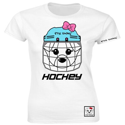 Mi Dog, da donna, casco blu ispirato all'hockey su ghiaccio, maglietta aderente, bianco