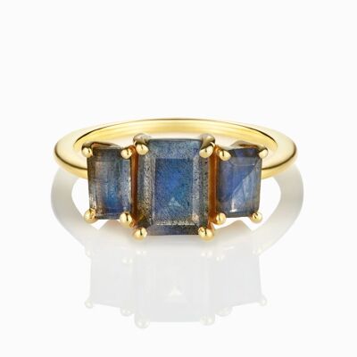 Moonstone Triple Baguette Cut Gold Ring - Labradorite