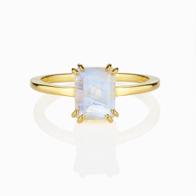Moonstone Emerald Cut Gold Ring with a Double Prong