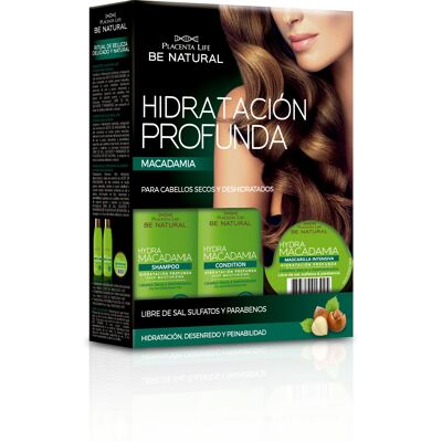 Hydramacadamia travel kit pack. Shampoo, conditioner and mask. For dry and dehydrated hair.