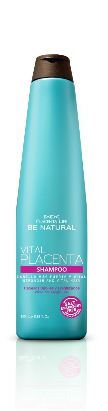 Placenta vital. Shampooing. Fortifiant capillaire. Anti chute. Cheveux longs, forts, brillants et soyeux. Contenu 350 ml. 1