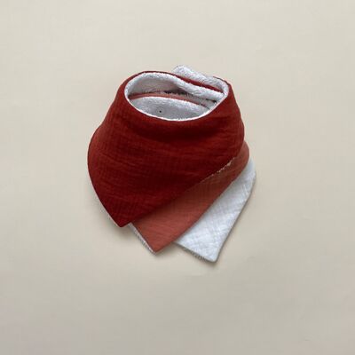 Pack of 3 mini plain cotton gauze bibs marsala-terracotta red-white