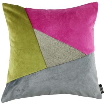 Coussin Triangle Patchwork Velours Rose, Vert + Gris_43cm x 43cm 1