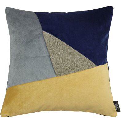 Triangle Patchwork Velvet Navy, Yellow + Grey Cushion_43cm x 43cm
