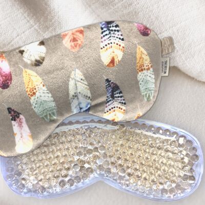 Multi-Function Luxury Velour Eye Mask With Removable Cooling Therapy Gel Pack. Feather Design