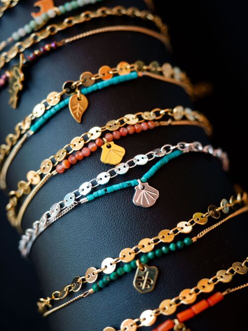 Lot de 5 bracelets double Dorés assortis - 1 pampille et pierres fines