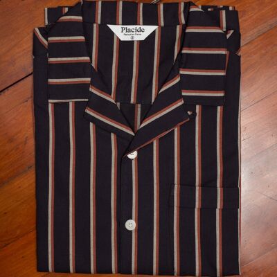Open collar shirt with long sleeves - Dark blue with orange stripes
