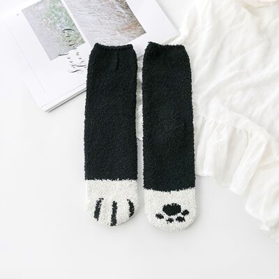 Chaussettes d'hiver en molleton chaud moelleux chat mignon - noir et blanc