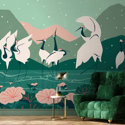 Kyuuai Dansu Panoramic Wallpaper - Green & Pink - 3m