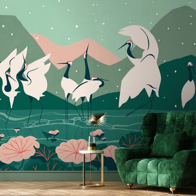 Papel pintado panorámico Kyuuai Dansu - Verde y rosa - 3m