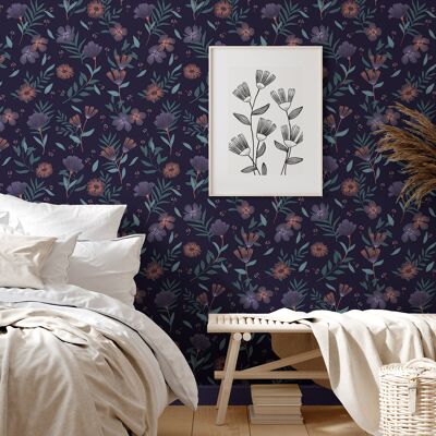 Floral wallpaper - Adèle - Blueberry blue & Eucalyptus green