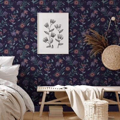 Blumentapete - Adèle - Heidelbeerblau & Eukalyptusgrün