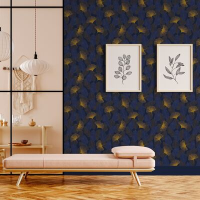 Floral wallpaper - Elisa - Midnight blue & Golden ocher