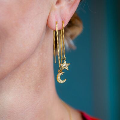 Gold Asymmetric Moon & Star Chain Earrings