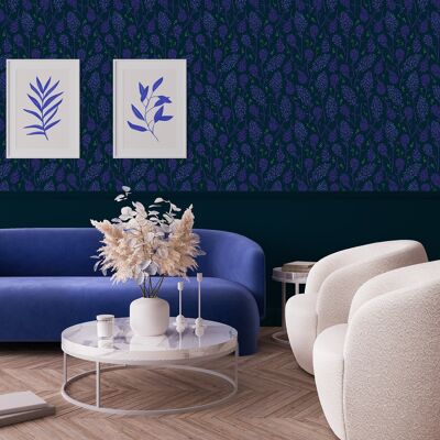 Papel pintado floral - Suzie - Azul medianoche & Azul índigo