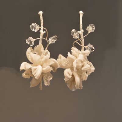 Bridal earrings Flourist branch with white silk flowers