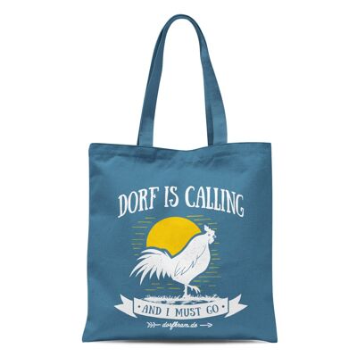 Dorf is calling and i must go / tote bag blue with rooster