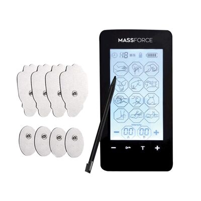 Massforce Massmulator - TENS/EMS/Massage Muscular Electrostimulator - 4 reusable electrodes - Stylus LCD touch screen - 28 massage modes - 20 levels - 6 hour battery life - Transportable