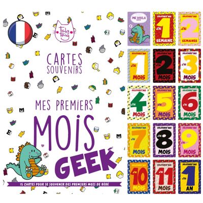 Kit mit 15 Schritt-Fotokarten für Mini-Baby-Geek | Schrittkarten für die ersten Monate des Babys | Geek-Version