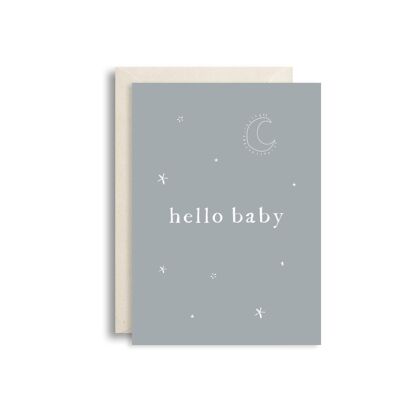 Tarjeta de felicitación hola bebé azul gris