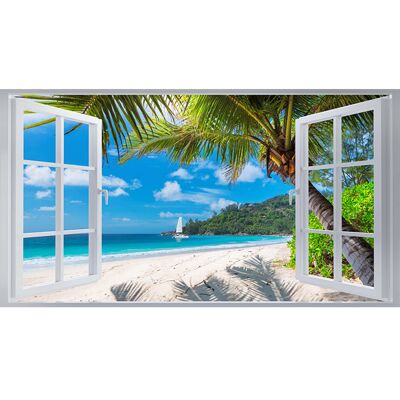 Wall Sticker Palm and Beach Sunny View 3D Window Effect Art Decal Mural