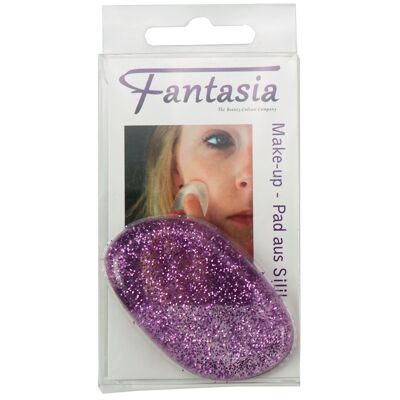 Silicone make-up pad with purple glitter in self-service presentation