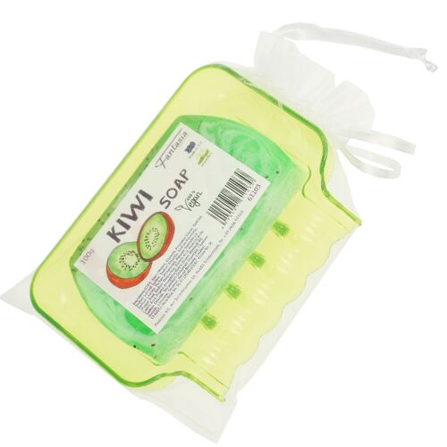 Seifenschale, Kunststoff, grün mit 2 Saugnäpfen mit Kiwi Soap 100 gr im Beutel