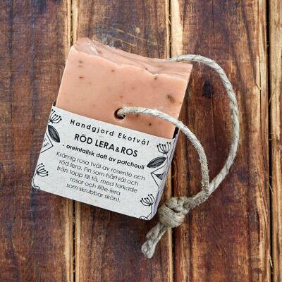 Eco Soap Red Clay & Rose - oriental scent of patchouli 170 g on hemp rope