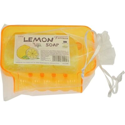 Jabonera de plástico naranja con 2 ventosas con Jabón de Limón 100 gr en bolsa