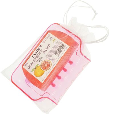 Porte-savon plastique rose à 2 ventouses avec Savon Doux Pamplemousse 100 g en sachet