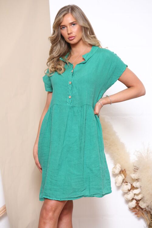 Green short sleeve linen dress