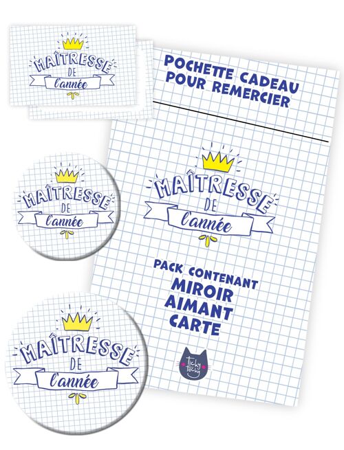 Kit Cadeau Maîtresse | Pack Carte + Miroir + Aimant Maîtresse de l'année Couronne | Cadeau pour la maîtresse