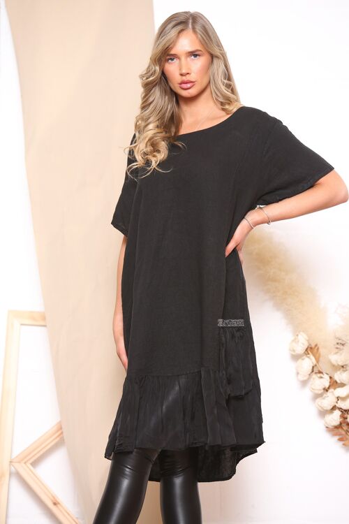 Black ruffled linen dress with sparkle embellishment