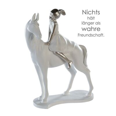 Sculpture "Fille à cheval" blanc/argent. 4382
