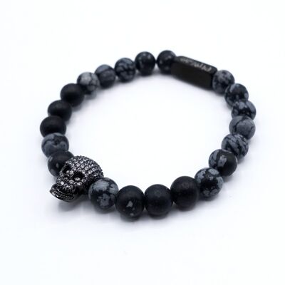 Armband Lucky Homme Schneeflocken-Obsidian und Strass-Schädelkopf