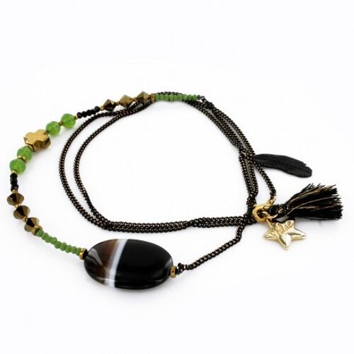 Sautoir Femme agate noire, jade et hématite sur chaîne