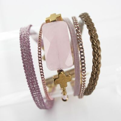 Woman magnetic cuff bracelet rose quartz and hematite