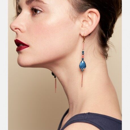 Orecchini pendenti da donna in jeans e corallo