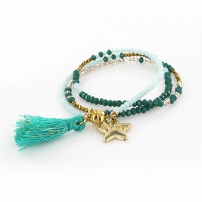 Pulsera mujer triple turquesa, verde esmeralda y oro